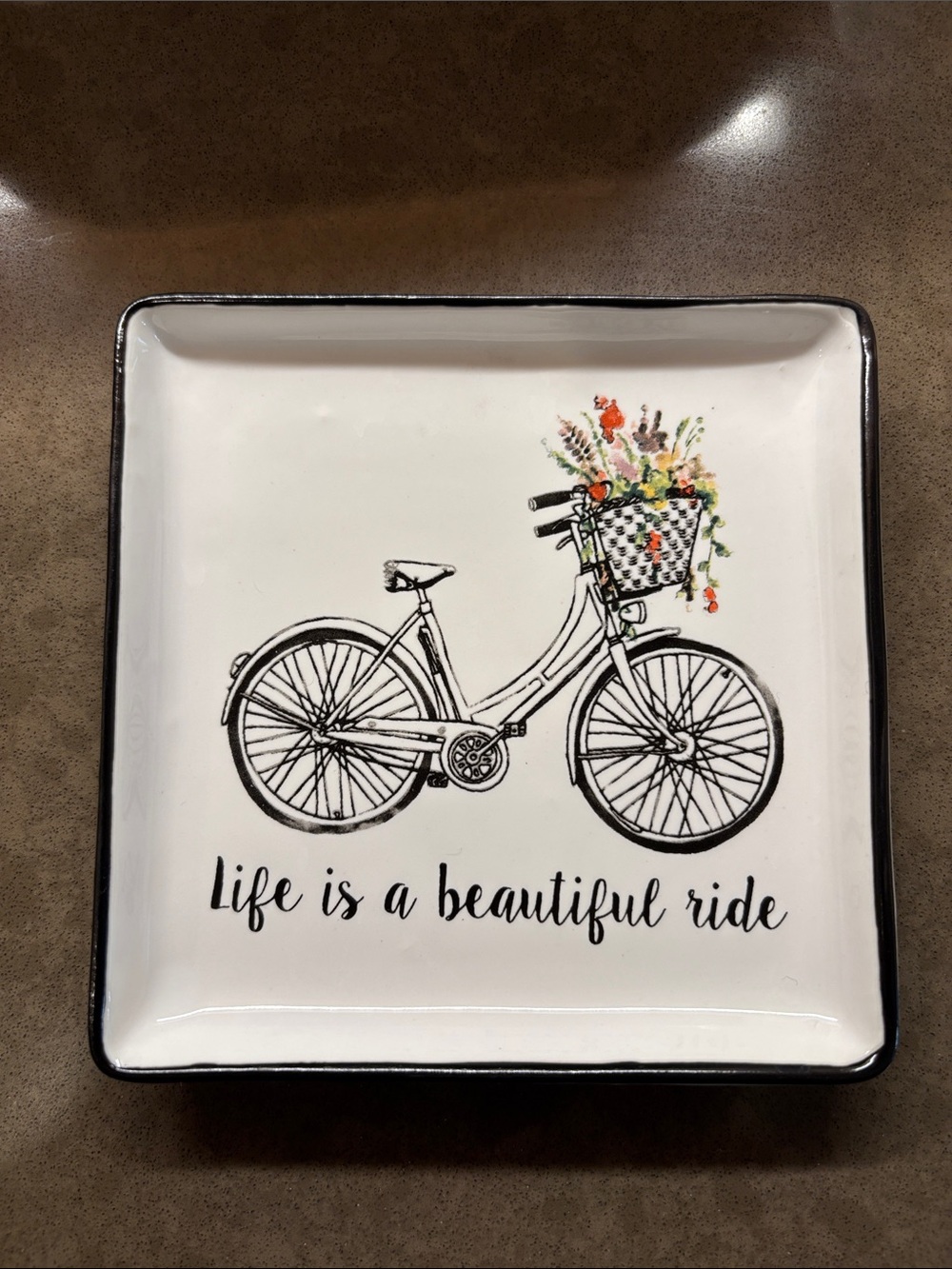 Ashland White Ceramic Tray with Black Bicycle and Multicolor Floral Basket